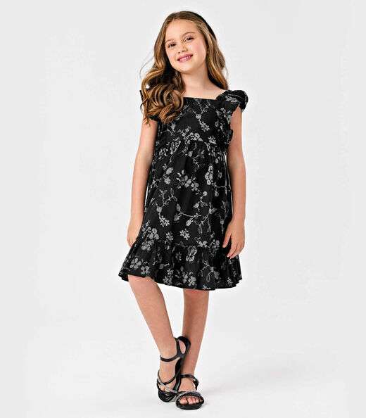Vestido Popeline Floral Bordado Trick Nick Preto