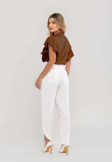 Blusa Feminina Com Laço na Gola e Manga Babado Marrom Salvatore