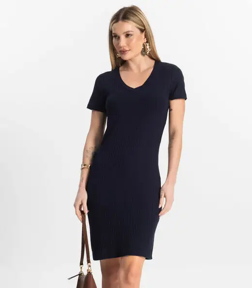 Vestido Feminino Em Ribana Canelada Rovitex Azul