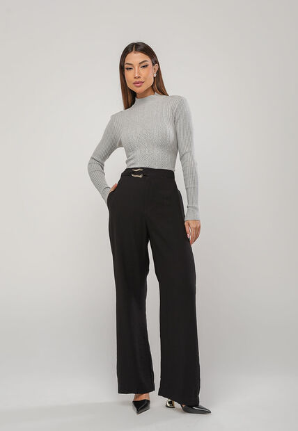 Blusa de Tricot Modal com Gola Alta e Manga Canelada Cinza Salvatore