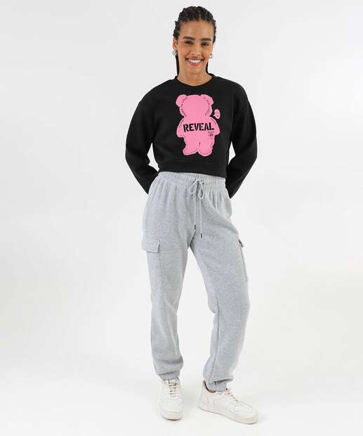 Blusão Feminino Cropped Moletom Estampado Marisa Preto