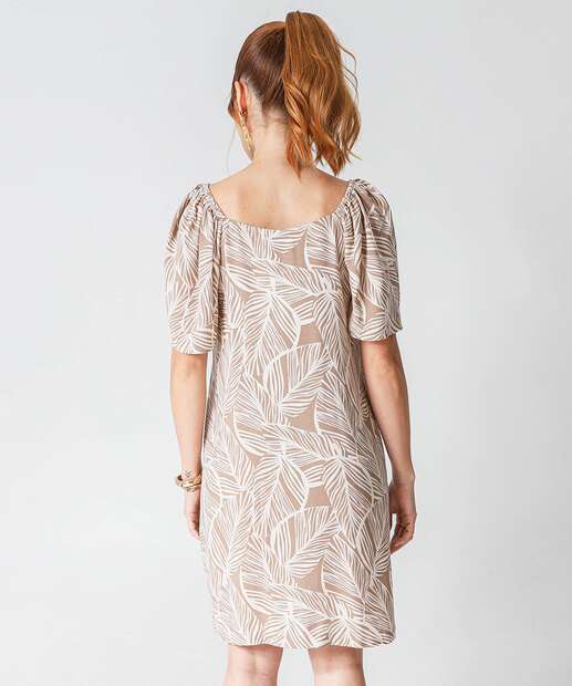 Vestido Feminino Estampa Folhas Manga Curta Marisa Marrom