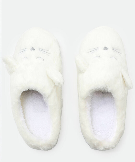 Image_Pantufa Feminina Bordado Gato Orelhas Marisa Branco