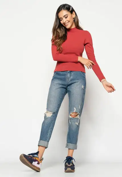 Blusa  Gola Alta Manga Longa Malha Canelada Terracota