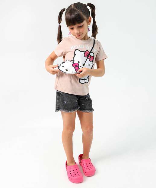 Blusa Infantil Hello Kitty Bolsinha Tam 4 a 10 Bege