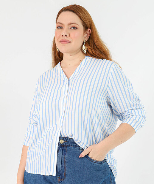 Image_Camisa Plus Size Feminina Listrada Manga Longa Marisa Azul