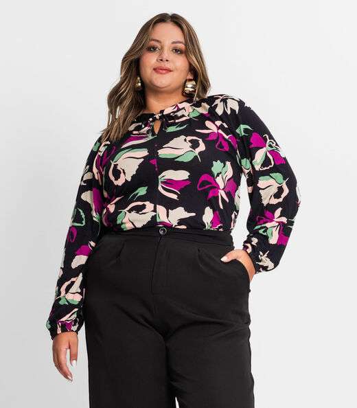 Blusa Estampada Manga Longa Plus Size Secret Glam Preto