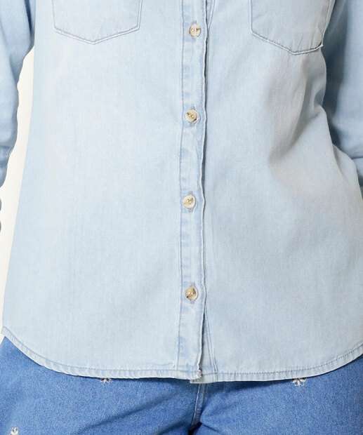 Camisa Feminina Jeans Bolsos Manga Longa Marisa