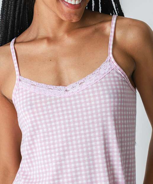 Camisola Estampa Xadrez Recorte Renda Marisa Rosa