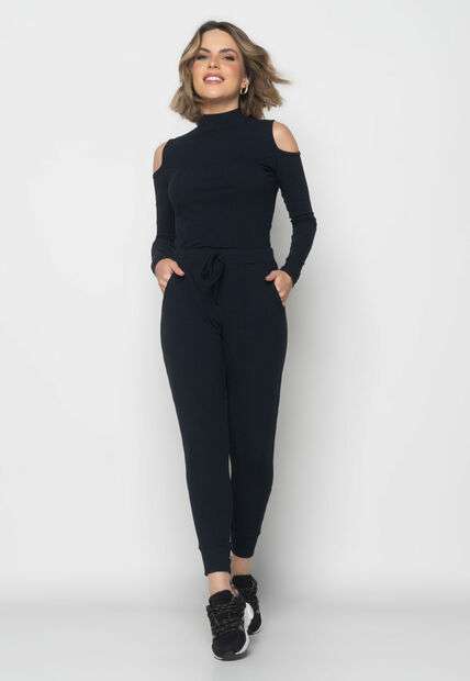 Conjunto Comfy Com Blusa Ombro Vazado M/L e Jogger Canelada Preto Salvatore