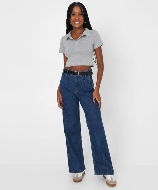 Blusa Polo Cropped Feminina Canelada Marisa Cinza