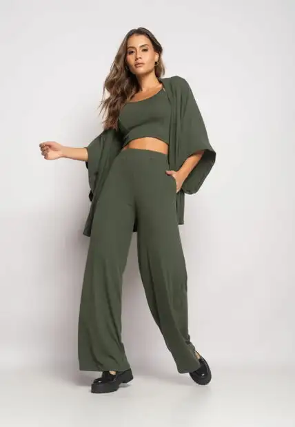 Conjunto Com Kimono, Cropped e Wide Leg Canelado Verde Salvatore