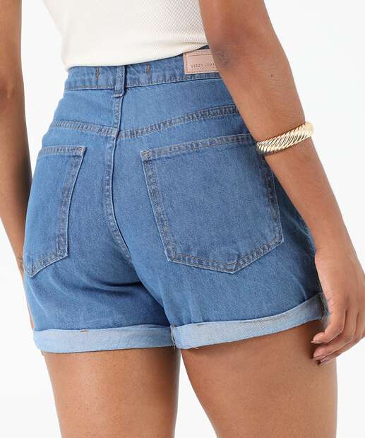 Short Jeans Feminino Lenço Barra Dobrada Azul
