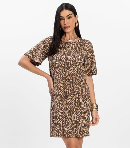 Vestido Curto Estampado Feminino Rovitex Marrom