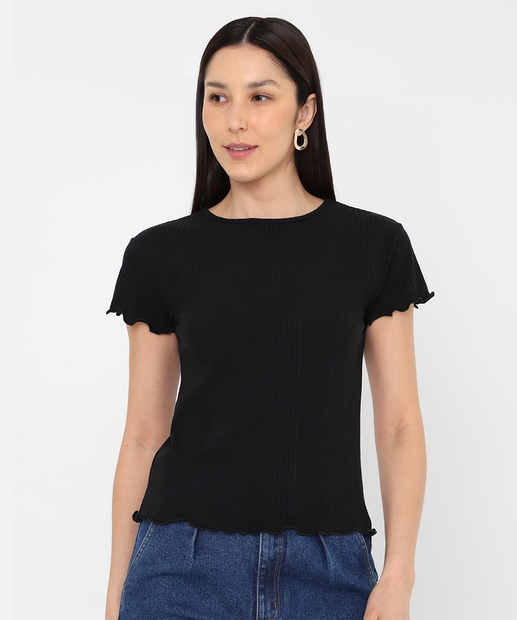 Blusa Feminina Canelada Manga Curta Marisa Preto