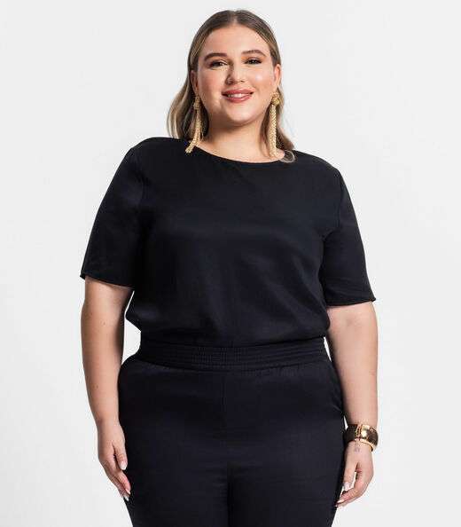 Blusa Plus Size Feminina Manga Curta Secret Glam Preto