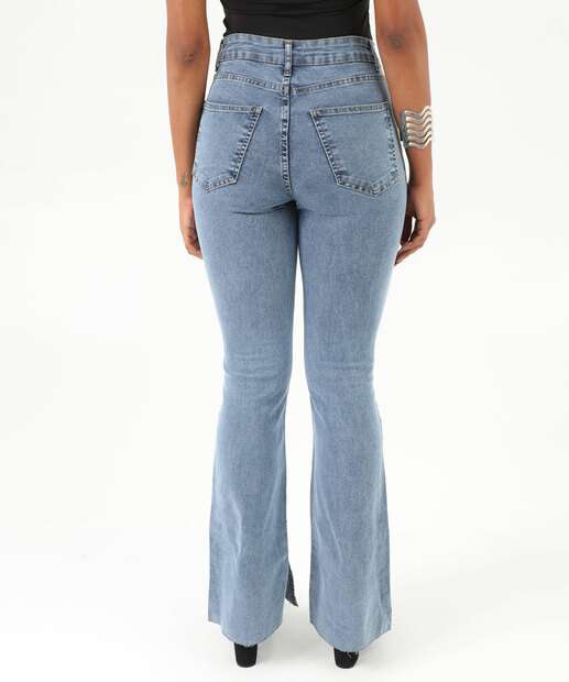 Calça Feminina Jeans Flare Strass Bolsos Marisa Azul