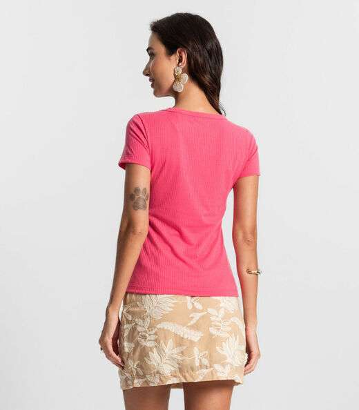 Blusa Feminina Manga Curta Canelada KO Rosa