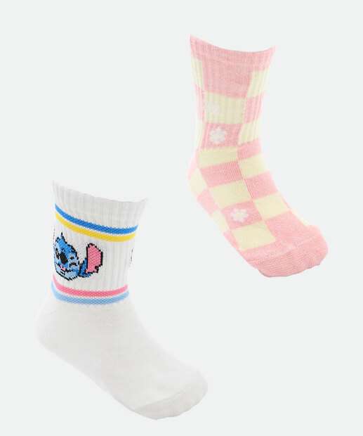 Image_Kit 2 Meias Infantil Soquete Estampa Stitch Disney Rosa