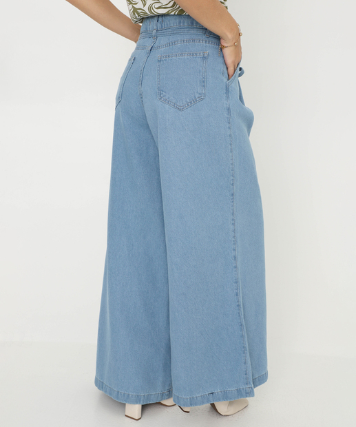 Calça Jeans Pantalona Amarração Feminina Azul