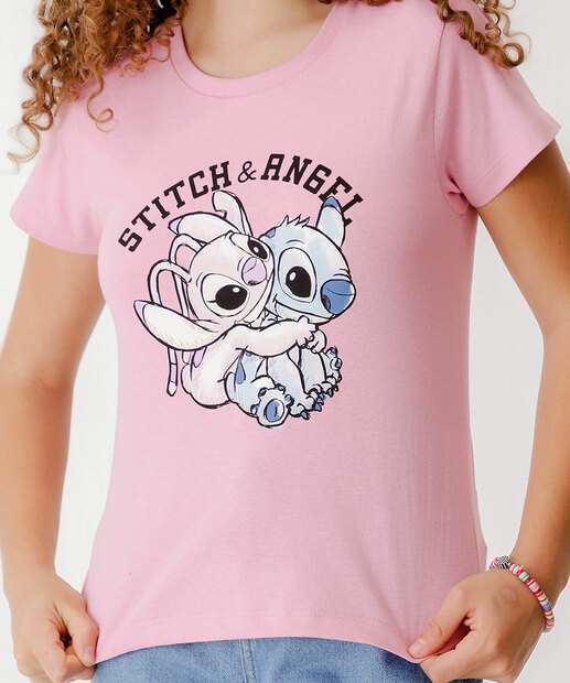 Camiseta Juvenil Manga Curta Stitch e Angel Disney Tam 10 a 16