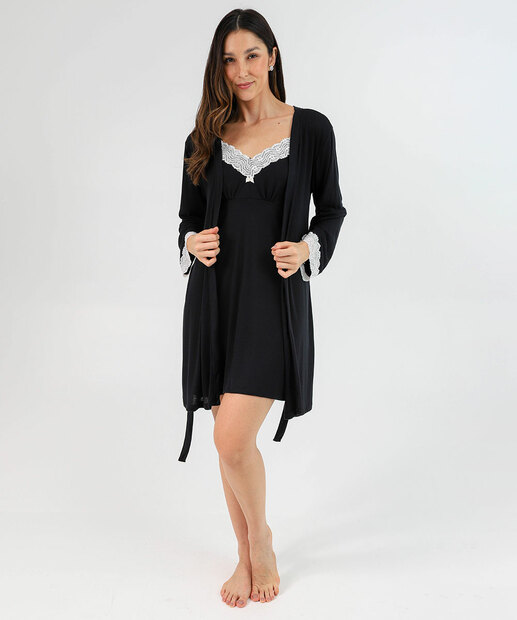 Robe Feminino Renda Amarração Manga 3/4 Marisa Preto
