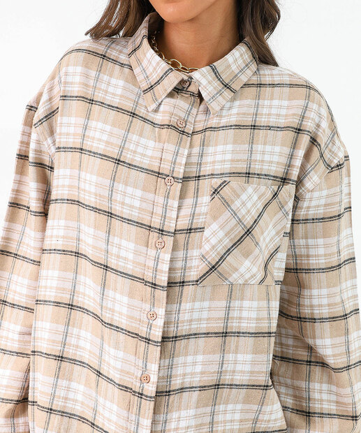 Camisa Feminina Xadrez Manga Longa Marisa Bege