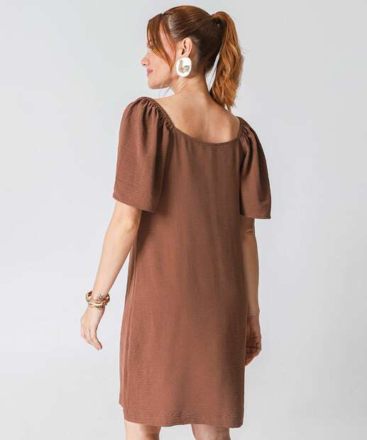 Vestido Feminino Textura Manga Curta Marisa Marrom