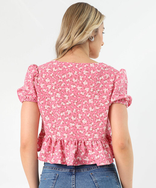 Blusa Cropped Feminina Estampada Amarração Marisa Rosa