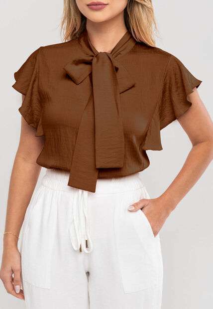 Blusa Feminina Com Laço na Gola e Manga Babado Marrom Salvatore