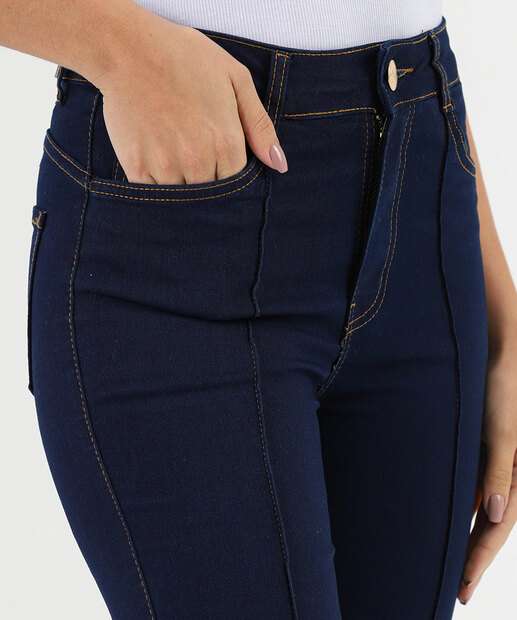 Calça Feminina Jeans Flare Bolsos Cintura Alta Azul