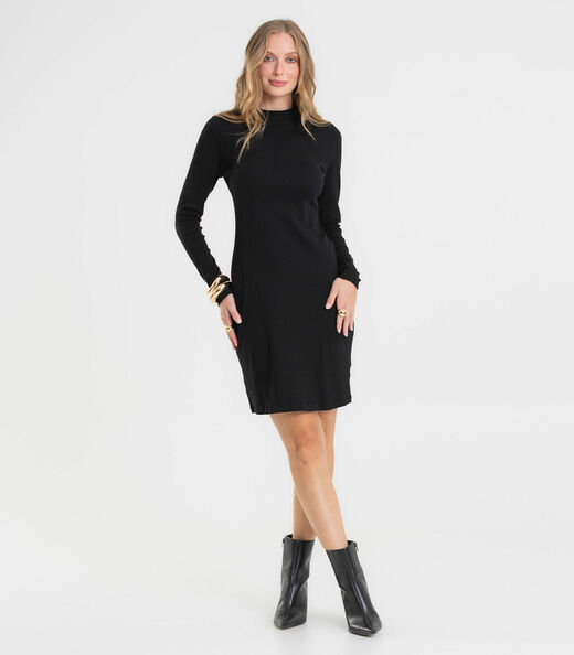 Vestido Feminino Manga Longa Ribana Básico Rovitex Preto