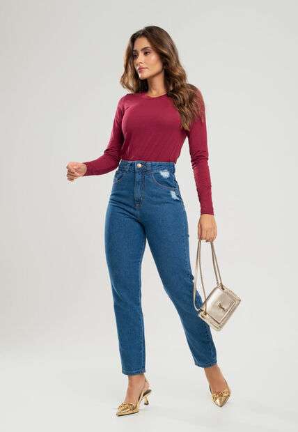 Blusa Básica Manga Longa e Gola Redonda Malha Vinho Salvatore Fashion