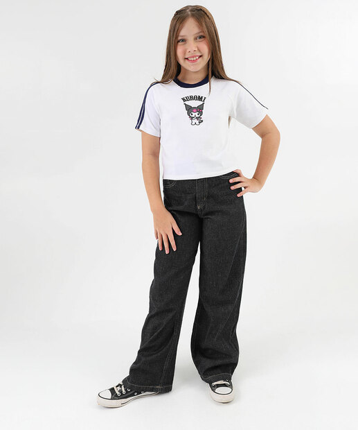 Blusa Juvenil Manga Curta Friso Kuromi Tam 10 a 16 Off White