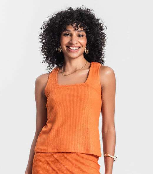 Regata Feminina Em Ribana Canelada Lurex Rovitex Laranja