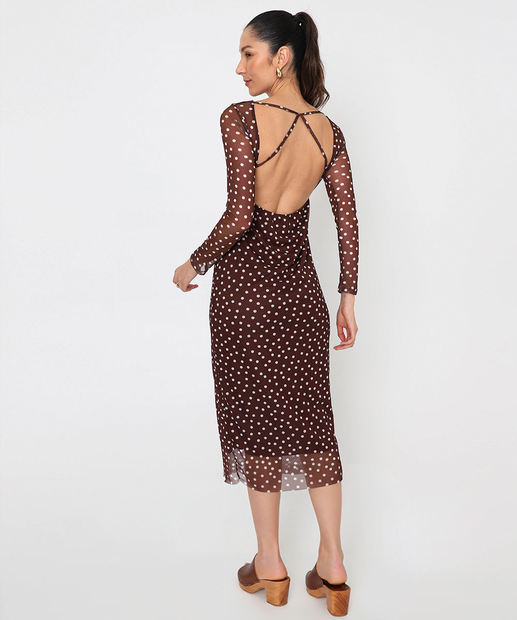 Vestido Feminino Midi Tule Estampa Poá Marisa Marrom