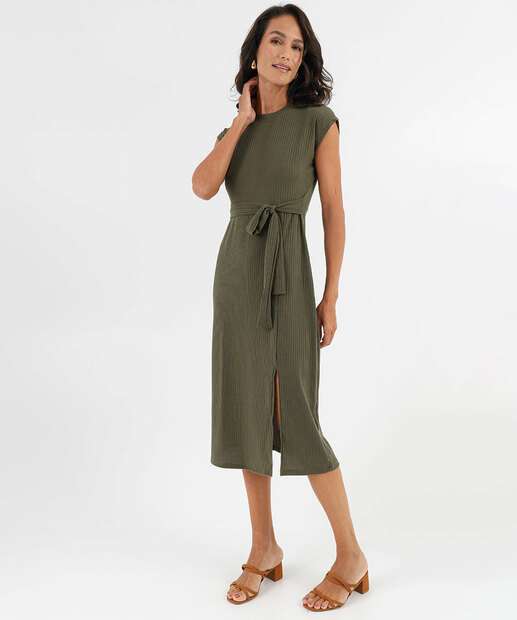 Vestido Feminino Canelado Amarração Fenda Marisa Verde