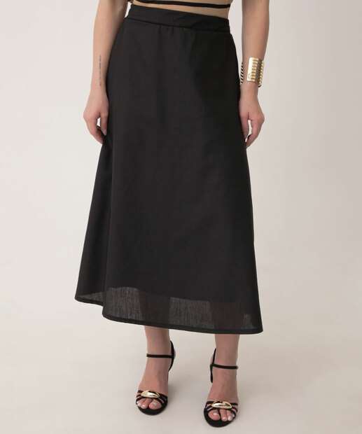 Saia Midi Feminina Tricoline Marisa Preto