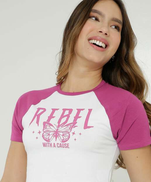 Blusa Cropped Feminina Cotton Estampa Borboleta Manga Curta