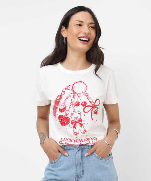 Image_Camiseta Feminina Estampada Manga Curta Marisa Off White