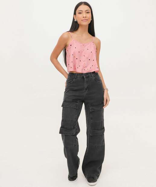 Calça Jeans Wide Leg Cargo Feminina Sawary