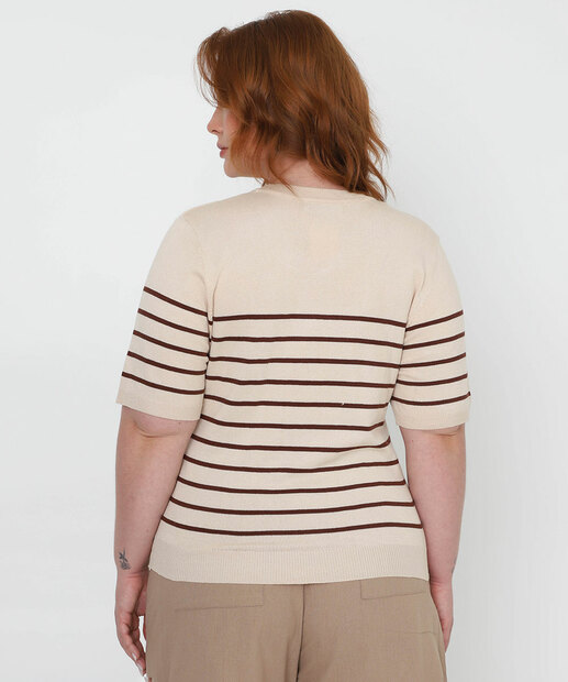 Blusa Plus Size Feminina Tricô Listrada Marisa Bege