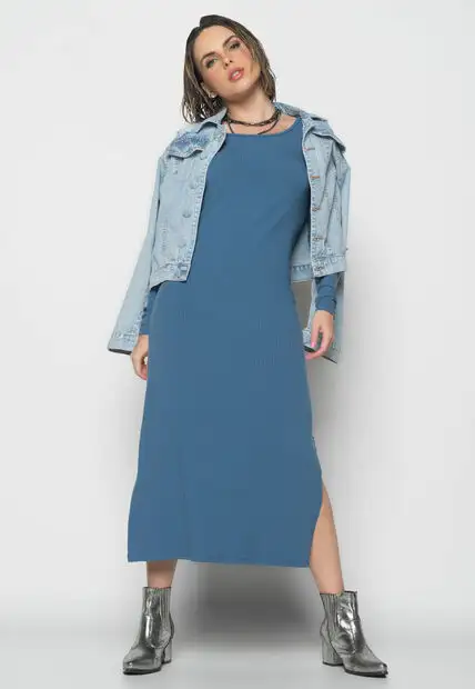 Vestido Midi Ombro Vazado Manga Longa Canelado  Fashion Azul Jeans