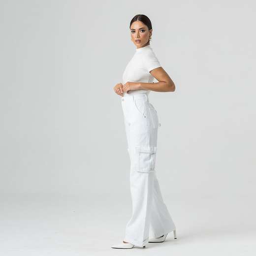 Calça Cargo Sarja Feminina Branca Disparate
