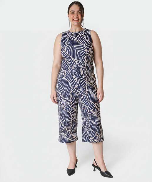Image_Calça Plus Size Feminina Pantacourt Folhas Marisa Azul
