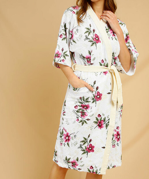 Roupão Feminino Quimono Felpudo Floral Treliça Lepper