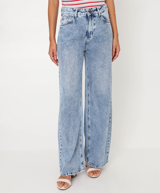 Calça Feminina Jeans Wide Leg Marmorizada Marisa Azul