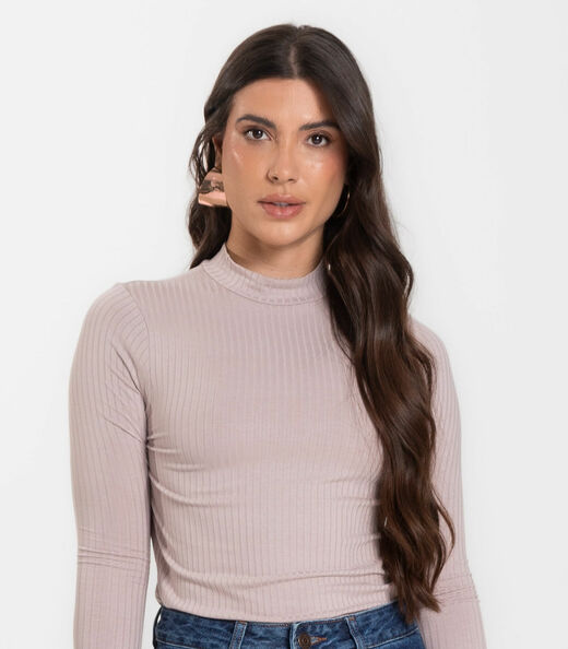 Blusa Manga Longa Feminina Canelada Select Bege