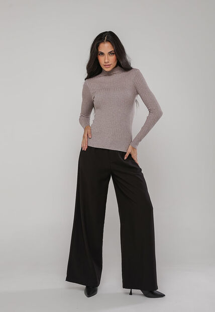 Blusa de Tricot Canelado Gola Alta Bege Salvatore