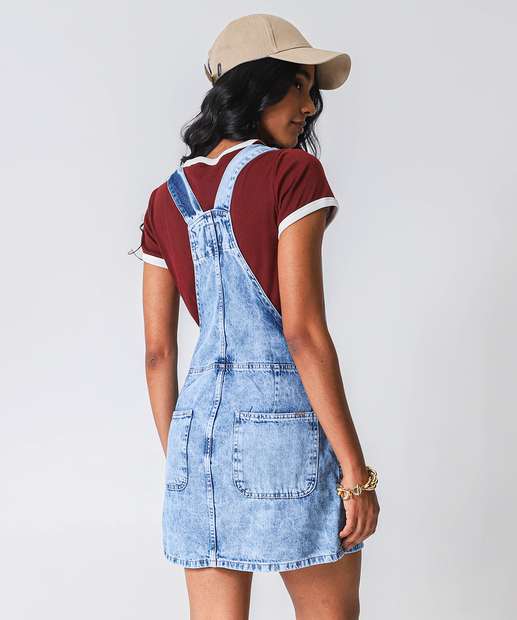 Salopete Feminino Jeans Bolsos Azul